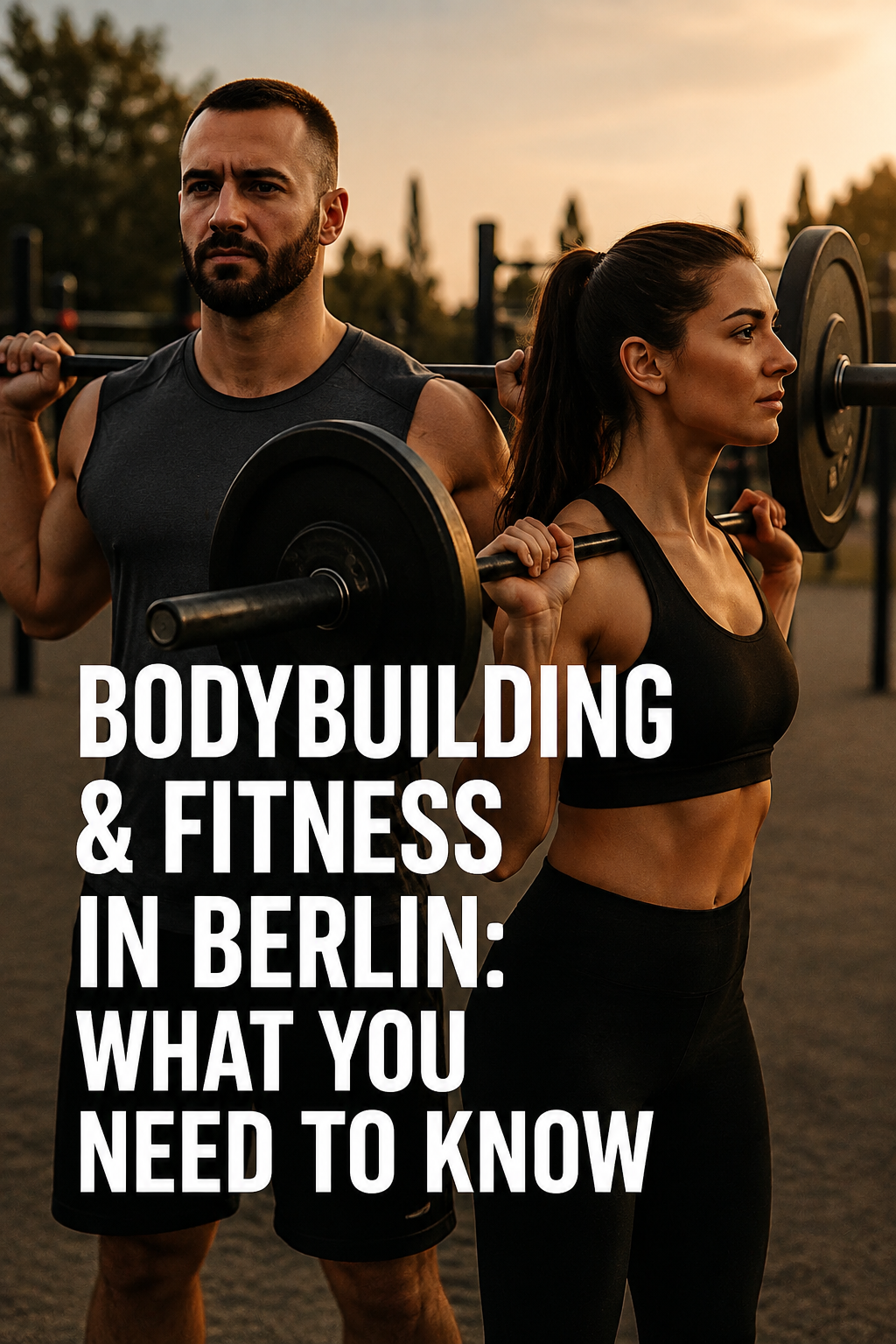 Bodybuilding and fitness athletes training outdoors in Berlin with barbells