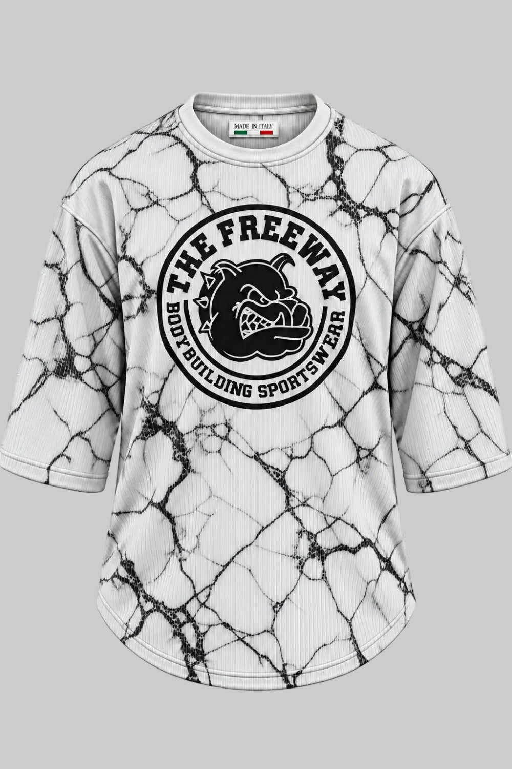 Men's white marbled rounded bodybuilding rag top Thefreeway Sportswear art. 2272 worn by a male model, full-body front view