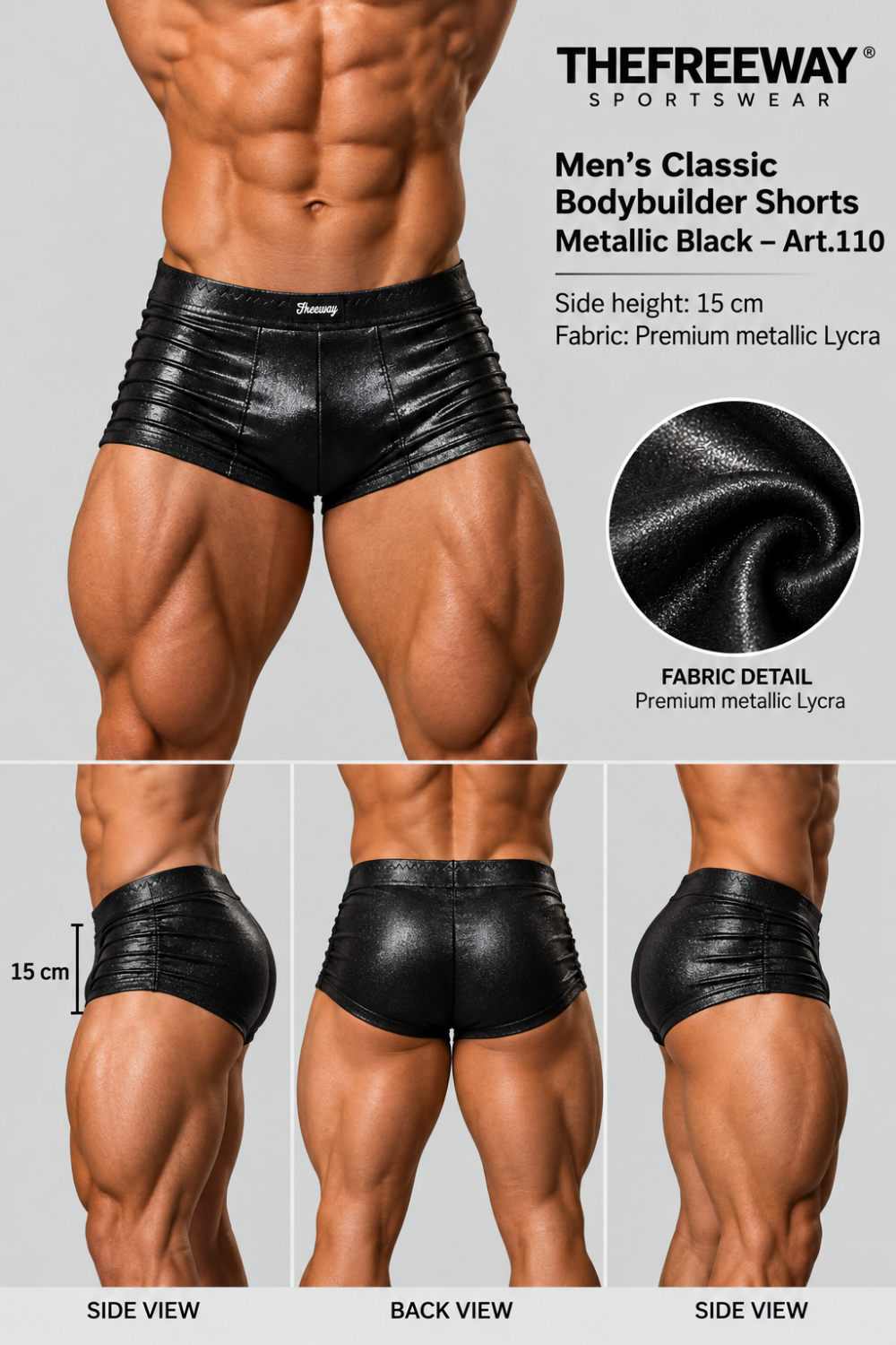 Thefreeway Art.110 Men's Classic Bodybuilder Shorts in metallic black Lycra worn by a male bodybuilder in a front pose