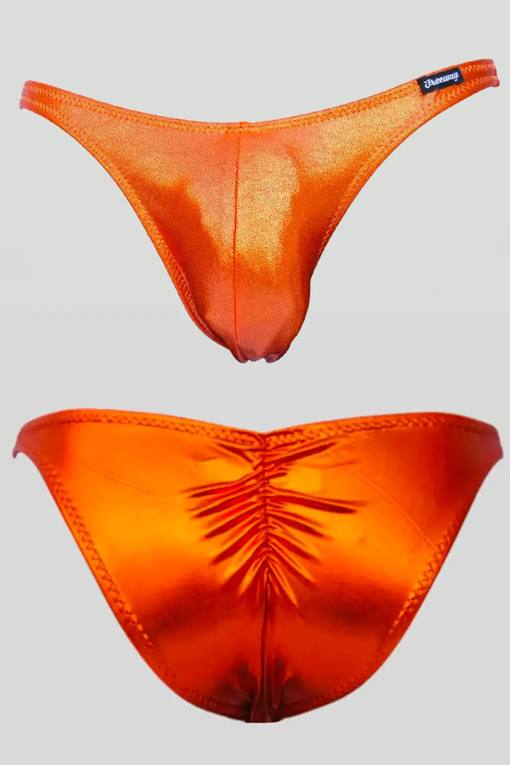 Thefreeway DN108 Competition Bodybuilding Briefs Pro in orange laminated Lycra, front and back product views with ruched rear seam