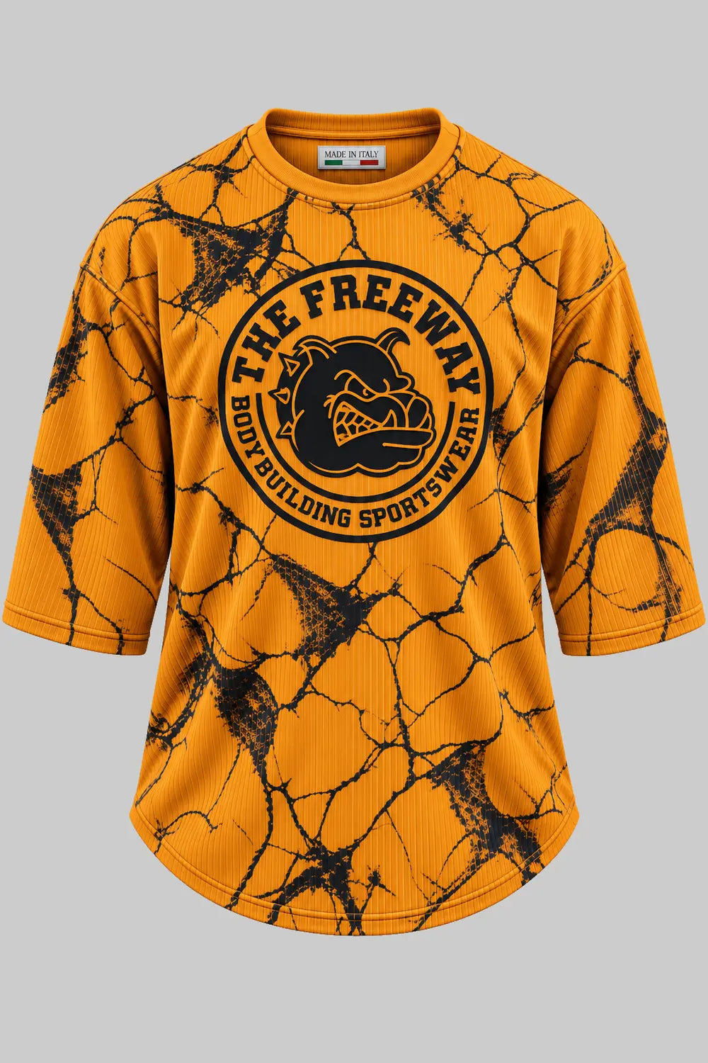 Men's mustard marbled rounded bodybuilding rag top Thefreeway Sportswear art. 2272 worn by a bodybuilder in the gym, front view