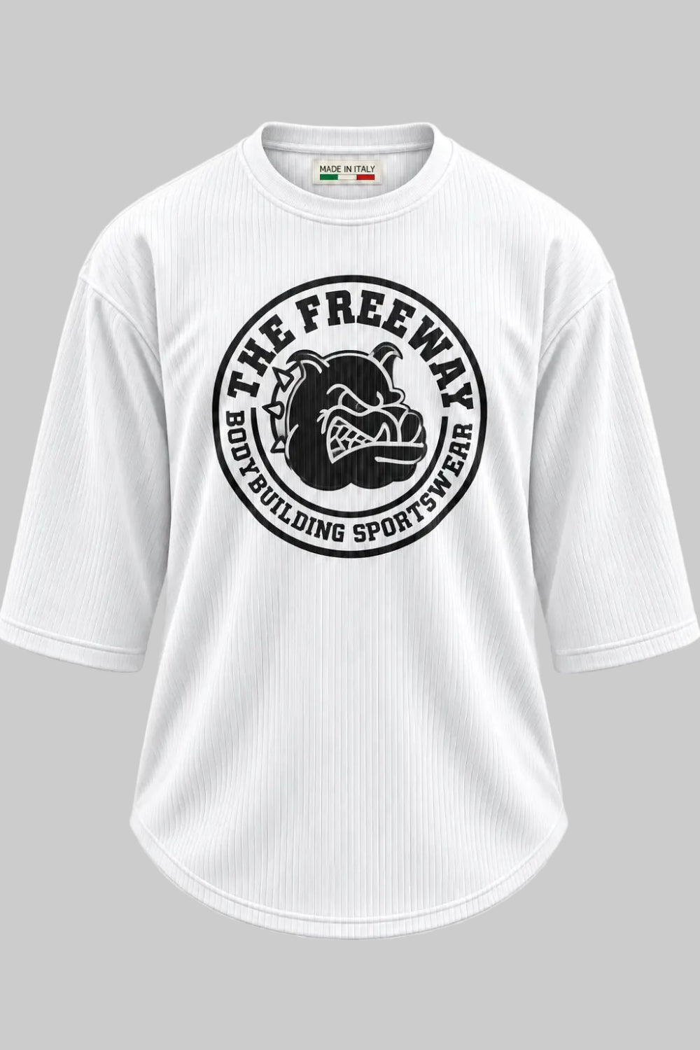 Men's white rounded bodybuilding rag top Thefreeway Sportswear art. 2272 worn by a male model, front close-up with large black logo