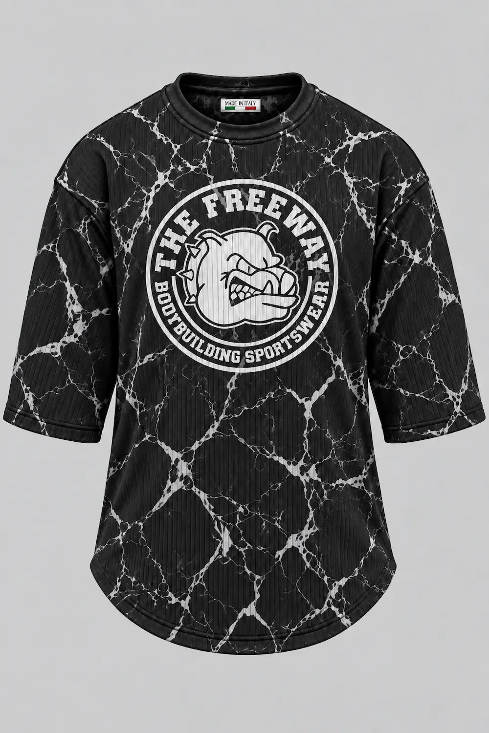 Men's white marbled rounded bodybuilding rag top Thefreeway Sportswear art. 2272 worn by a male model, full-body front view