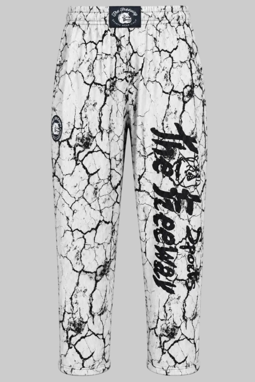 Unisex white marbled bodybuilding training pants Thefreeway Sportswear art. 252 worn by male and female models, front view
