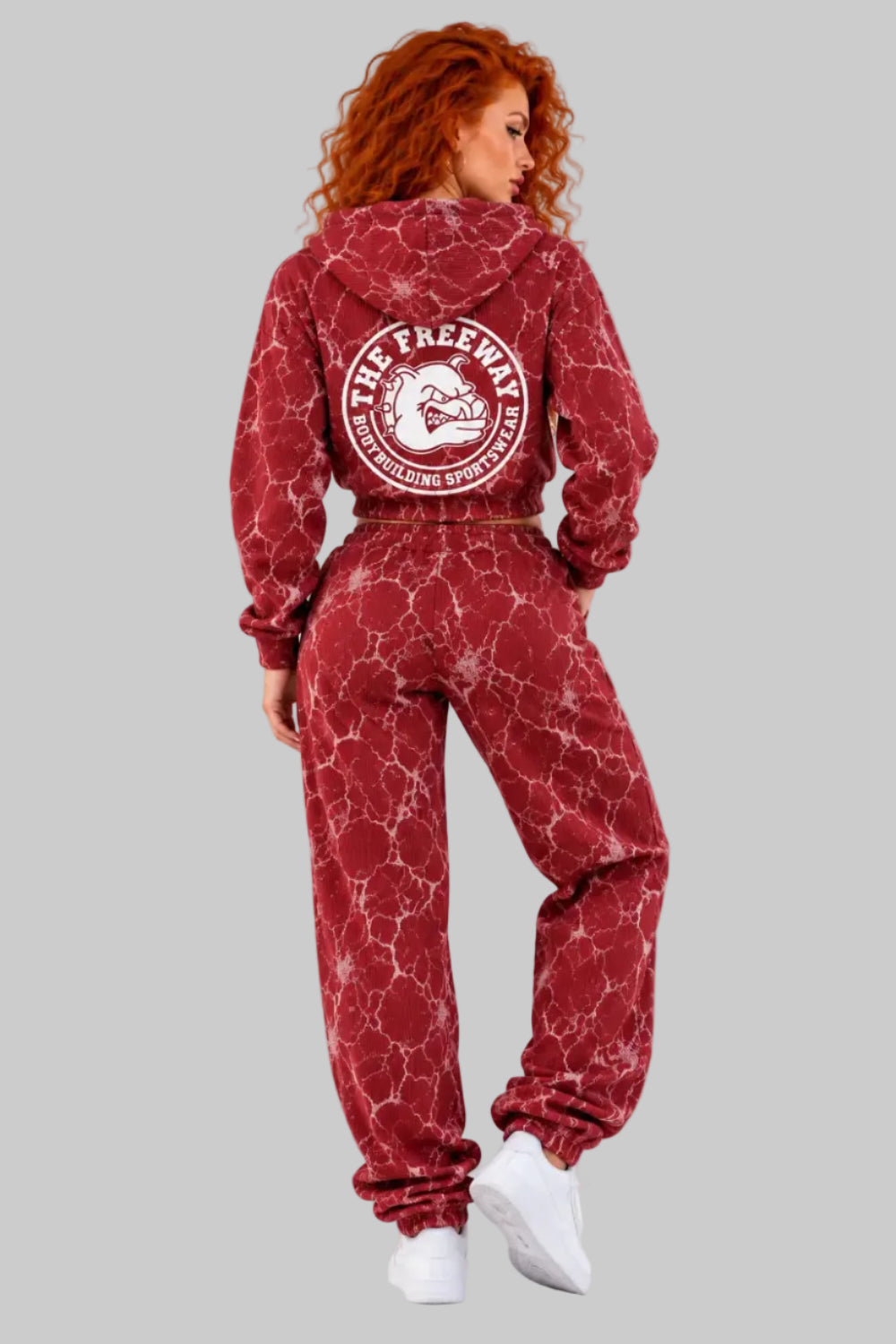 Thefreeway women's Bordeaux marble training suit with cropped zip hoodie and wide-leg pants, Art. 7870