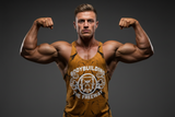 Thefreeway Art.2221 Big Gym Tank Top Vogatora in marbled mustard worn by a male bodybuilder, front view
