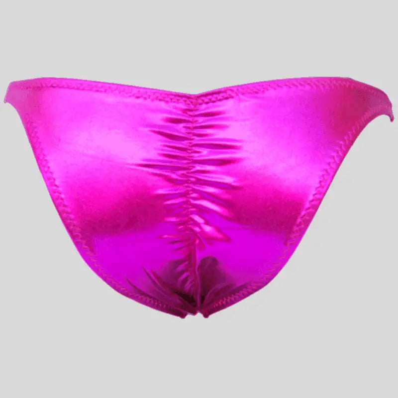 Thefreeway DN108 Competition Bodybuilding Briefs Pro in fuchsia laminated Lycra, back product view with ruched center seam
