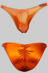 Thefreeway DN108 Competition Bodybuilding Briefs Pro in orange laminated Lycra, front and back product views with ruched rear seam