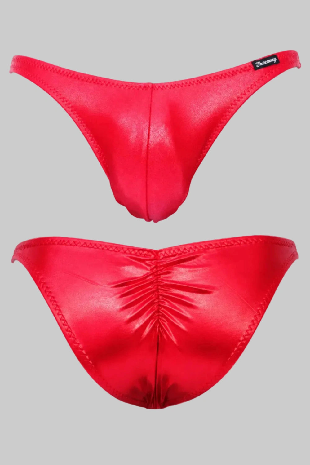 Thefreeway DN108 Competition Bodybuilding Briefs Pro in red laminated Lycra, standalone front product view
