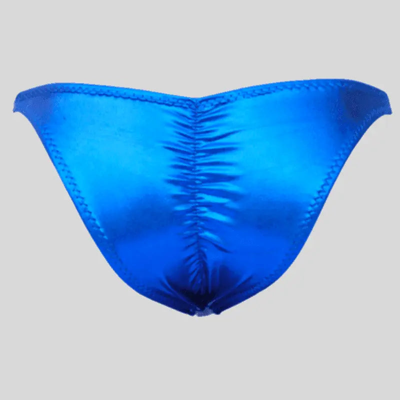 Thefreeway DN108 Competition Bodybuilding Briefs Pro in royal blue laminated Lycra, back product view with ruched center seam