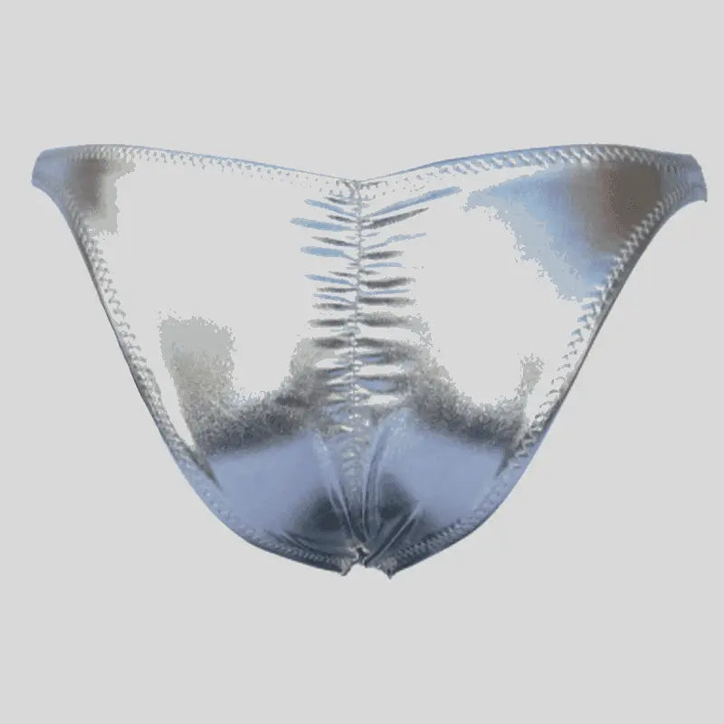 Thefreeway DN108 Competition Bodybuilding Briefs Pro in silver laminated Lycra, back product view with ruched center seam