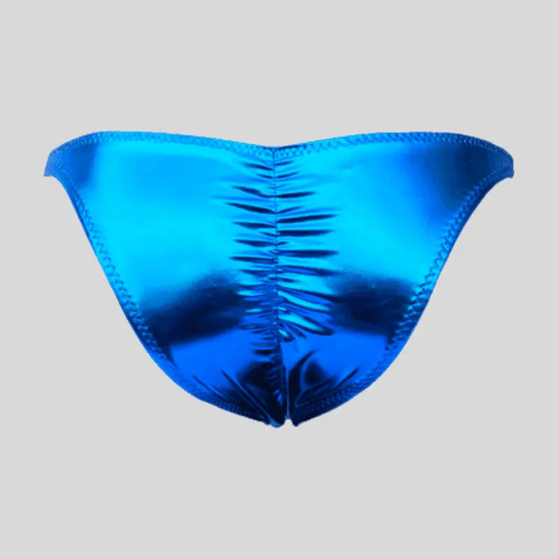 Thefreeway DN108 Competition Bodybuilding Briefs Pro in turquoise laminated Lycra, back product view with ruched center seam