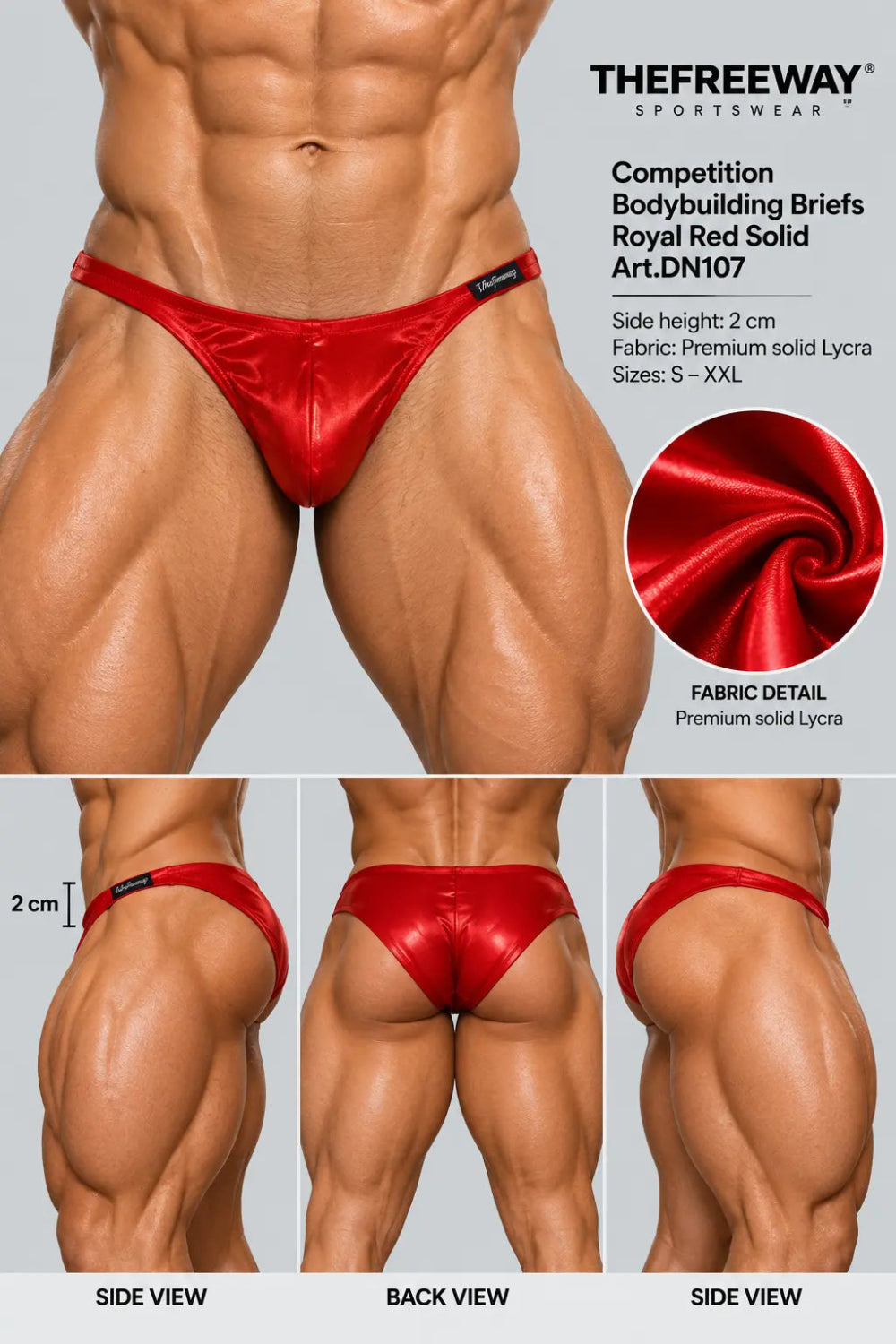 Thefreeway DN107 Competition Bodybuilding Briefs in red solid Lycra, standalone front product view
