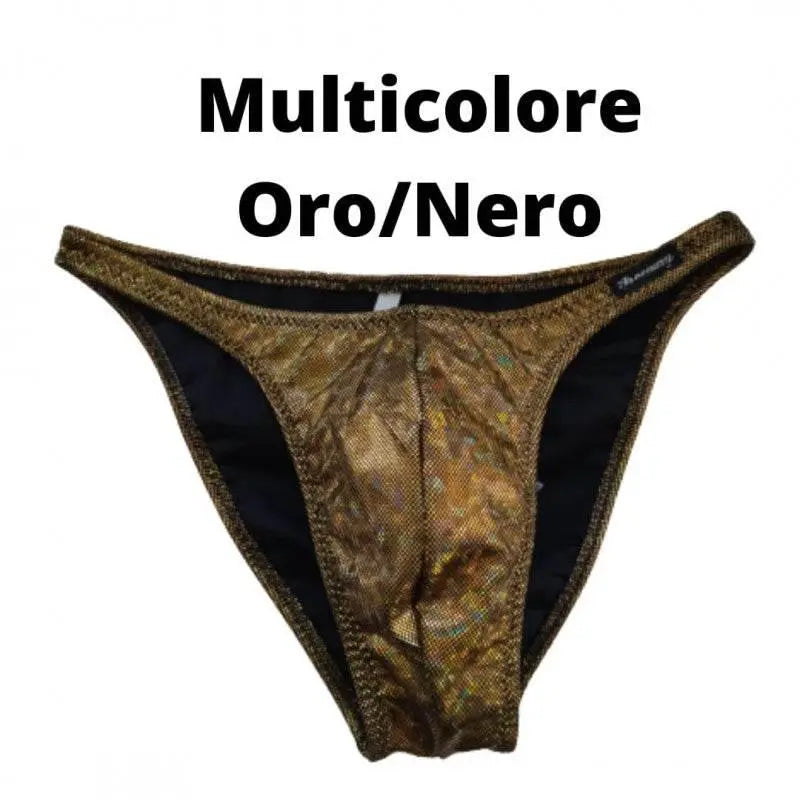 Thefreeway DN109 gold and black laminated competition bodybuilding posing trunks, standalone front product view