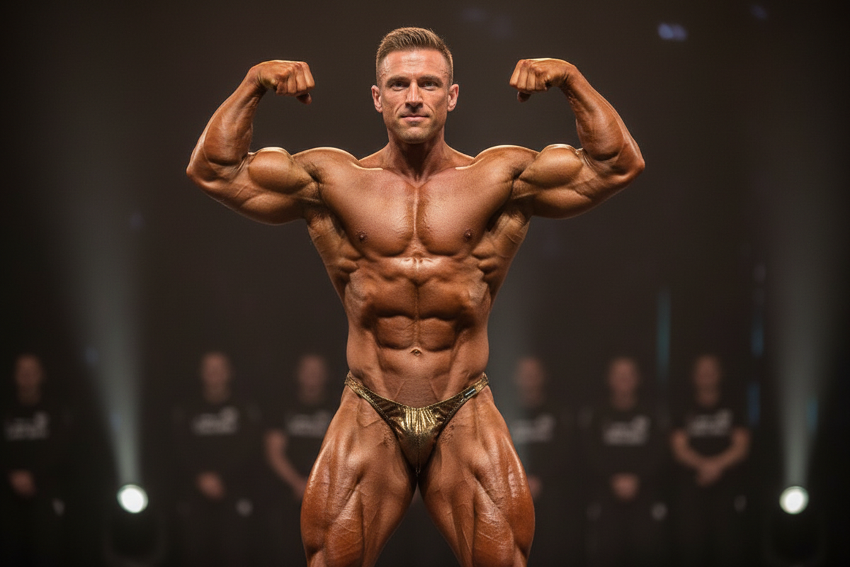 Thefreeway DN109 gold and black laminated competition bodybuilding posing trunks worn by a male bodybuilder on stage in a front double biceps pose