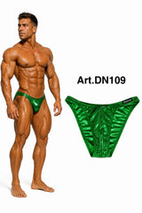 Thefreeway DN109 green laminated competition bodybuilding posing trunks worn by a male bodybuilder with standalone product view