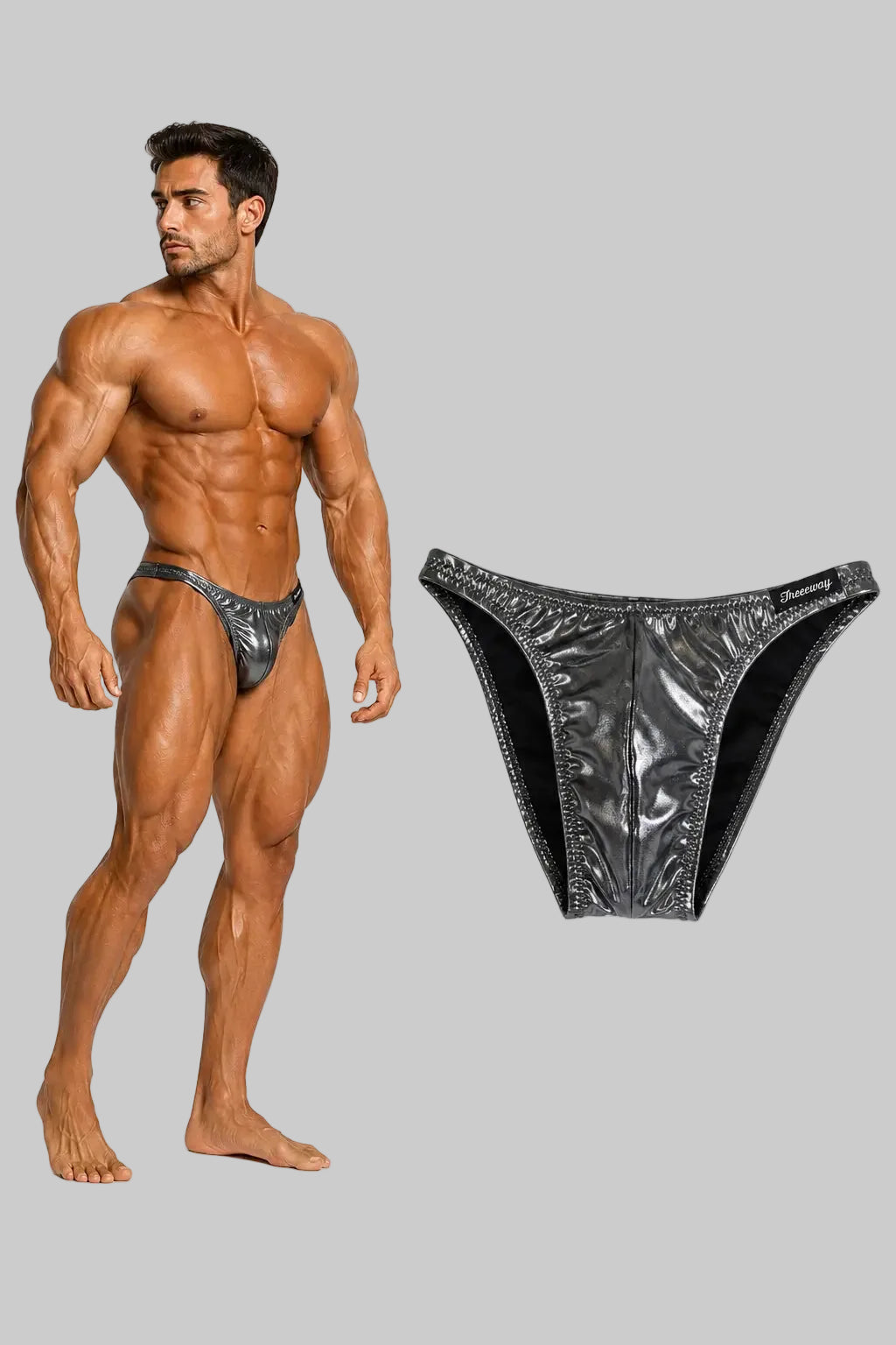 Thefreeway DN109 silver and black laminated competition bodybuilding posing trunks worn by a male bodybuilder with standalone product view