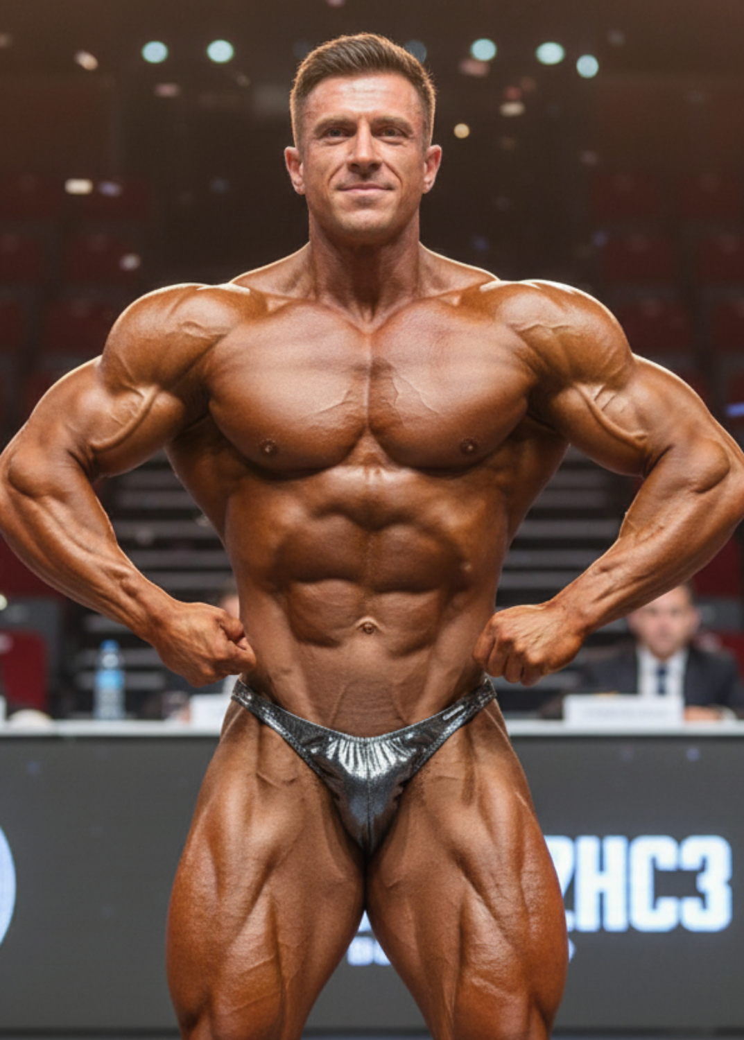 Thefreeway DN109 silver and black laminated competition bodybuilding posing trunks worn by a male bodybuilder on stage in a front lat spread pose