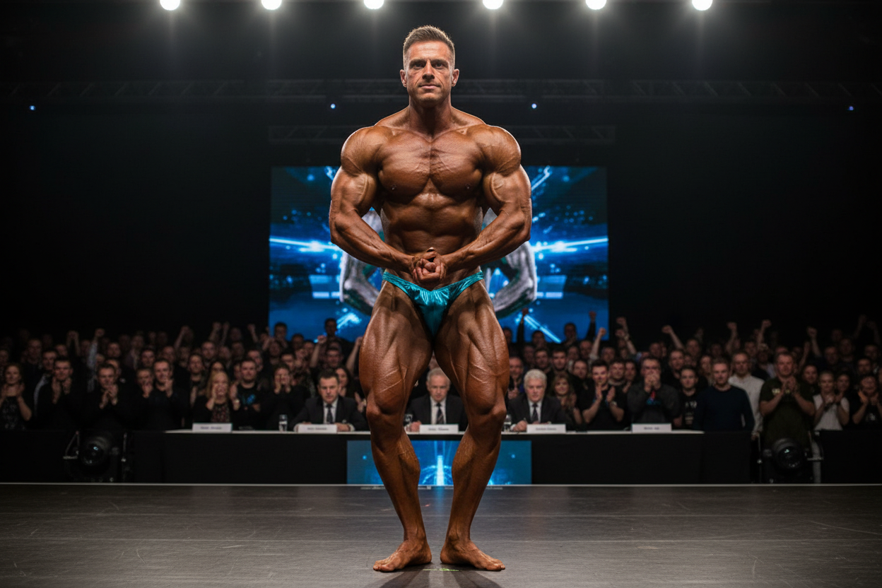 Thefreeway DN109 turquoise laminated competition bodybuilding posing trunks worn by a male bodybuilder on stage in a most muscular pose