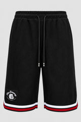 Thefreeway Art.1503 men's black basketball shorts, front product view with drawstring, logo and red white trim