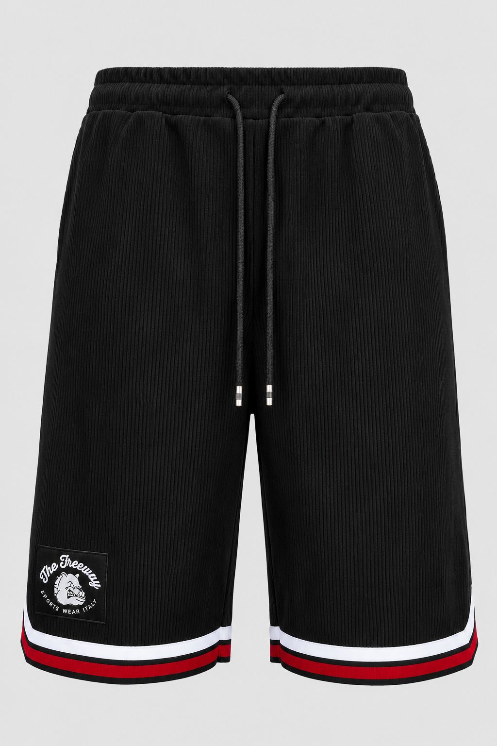 Thefreeway Art.1503 men's black basketball shorts, front product view with drawstring, logo and red white trim