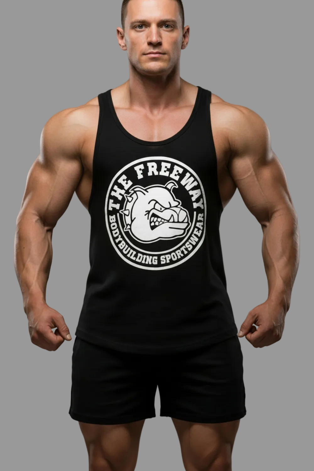 Thefreeway Art.2221 men's Big Gym Tank Top Vogatora in black worn by a bodybuilder, front studio view