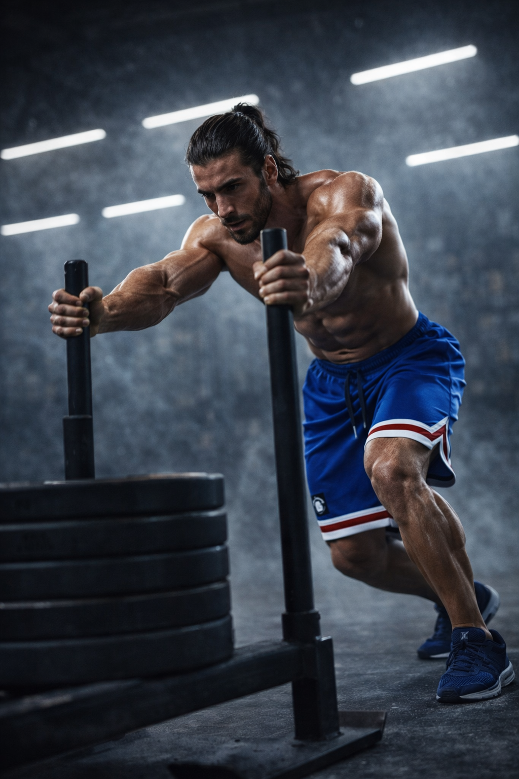 Men's blue basketball shorts Thefreeway Sportswear art. 1503 worn by a bodybuilder during a sled push workout