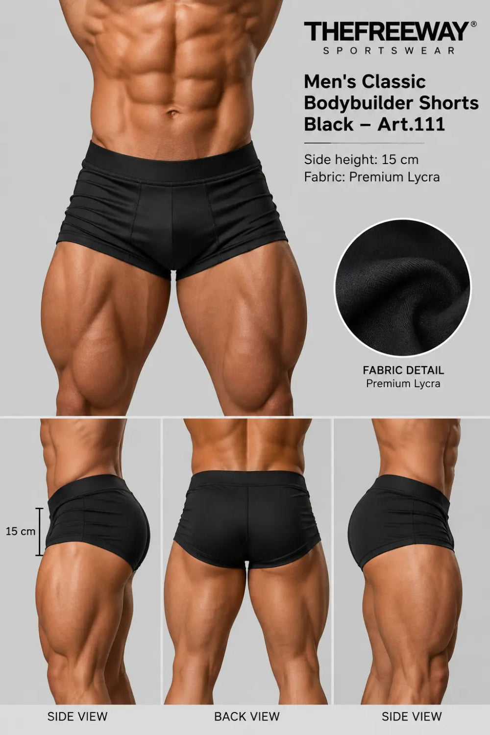 Thefreeway Art.111 Men's Classic Bodybuilder Shorts in black Lycra worn by a male bodybuilder, front view