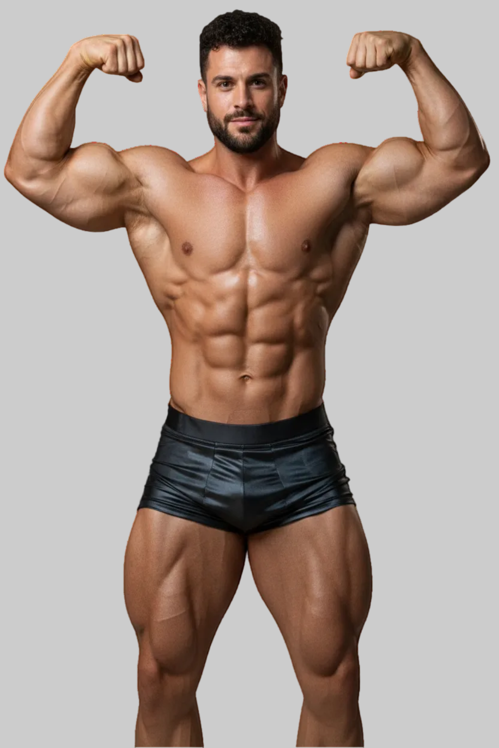 Thefreeway Art.110 Men's Classic Bodybuilder Shorts in metallic black Lycra worn by a male bodybuilder in a front pose