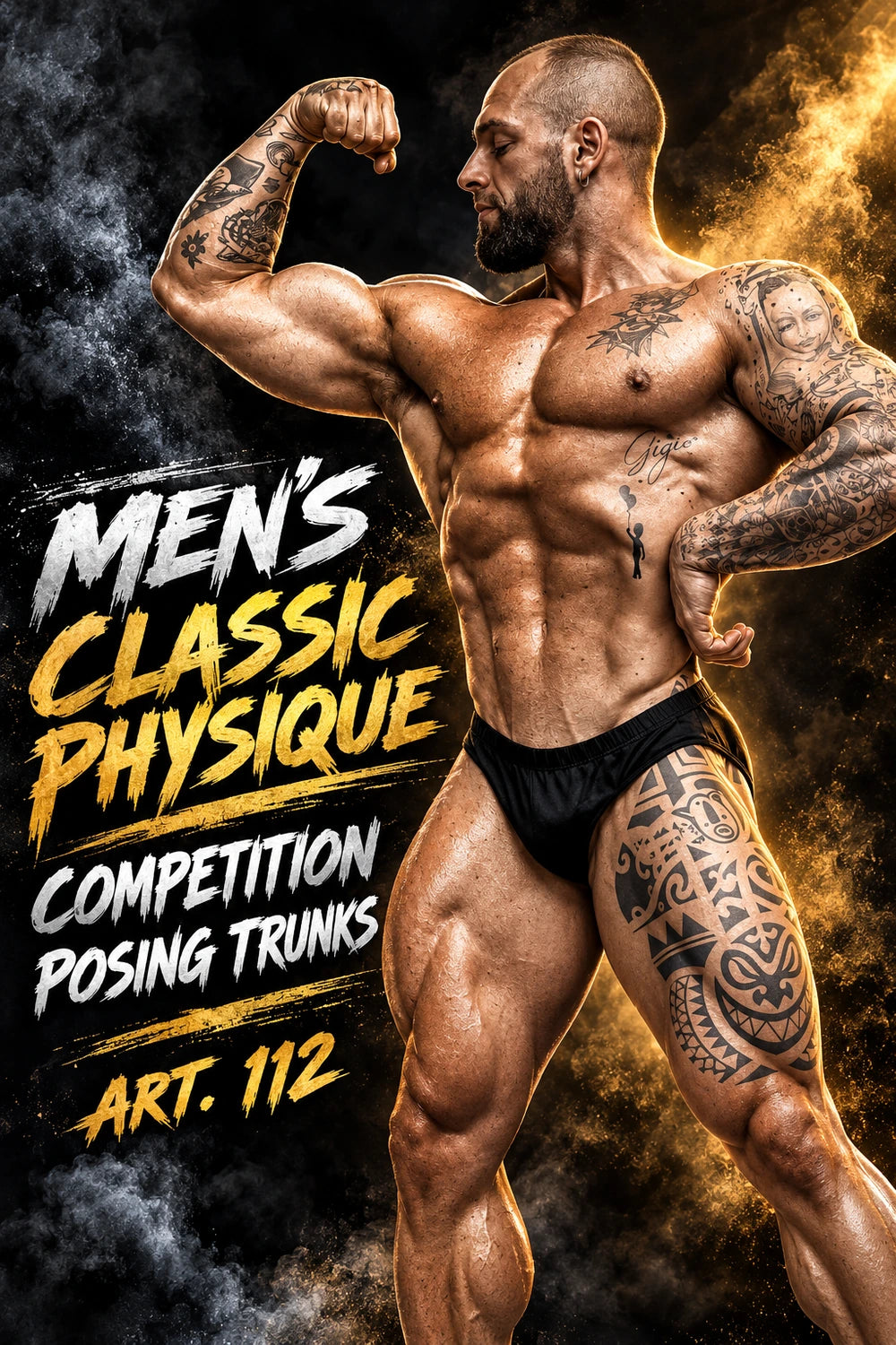 Thefreeway Men's Classic Physique Competition Posing Trunks in black Lycra worn by a male bodybuilder in a side flex pose