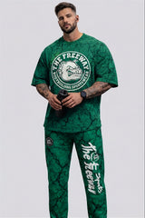 Men's green marbled rounded bodybuilding rag top Thefreeway Sportswear art. 2272 worn with matching training pants, front view