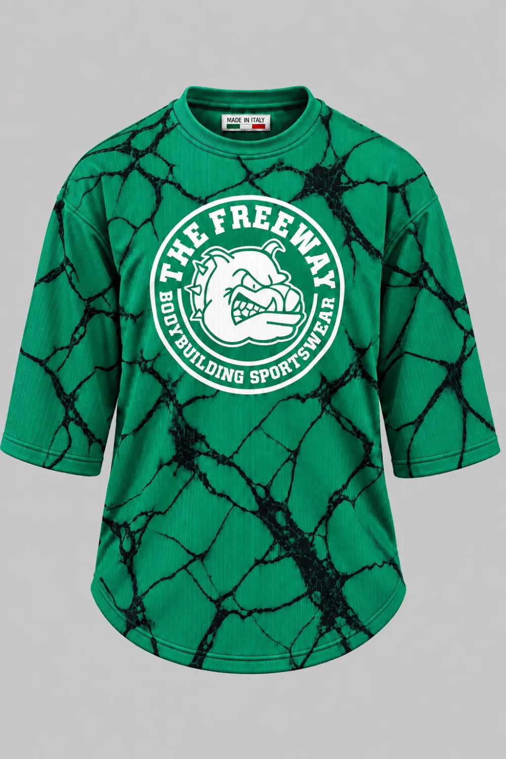 Men's green marbled rounded bodybuilding rag top by Thefreeway Sportswear worn by a male model, front view with large white logo