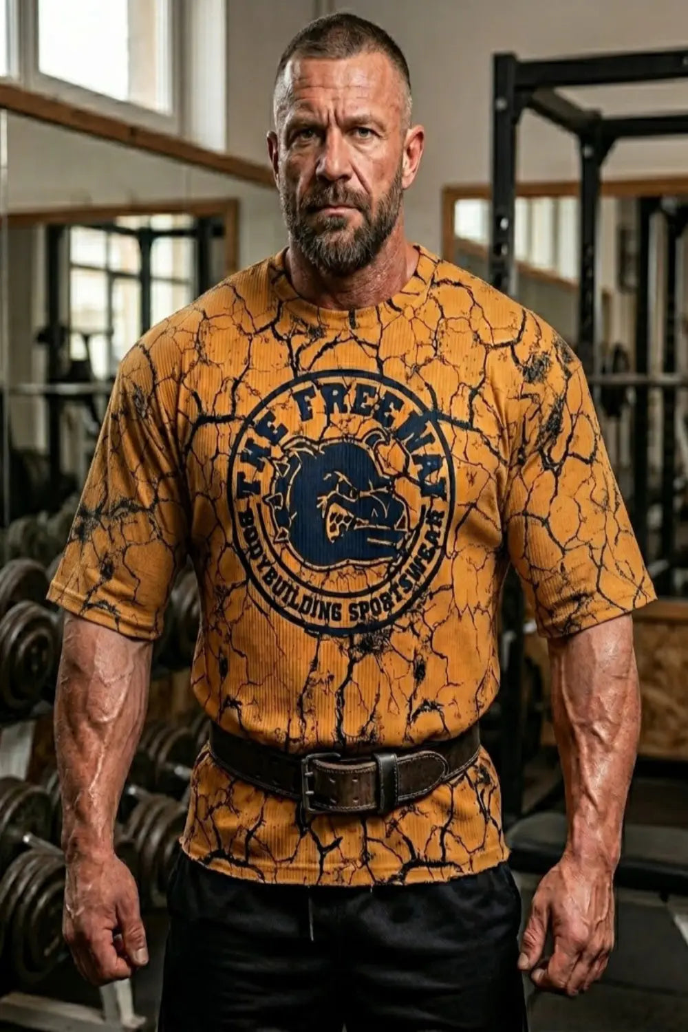 Men's mustard marbled rounded bodybuilding rag top Thefreeway Sportswear art. 2272 worn by a bodybuilder in the gym, front view