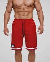 Men's red basketball shorts Thefreeway Sportswear art. 1503 worn by a bodybuilder, close-up front view