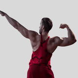 Men's red marbled bodybuilding stringer tank top Thefreeway Sportswear art. 2221 worn by a bodybuilder, back view
