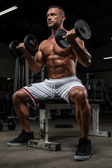 Men's white basketball shorts Thefreeway Sportswear art. 1503 worn during a seated dumbbell workout