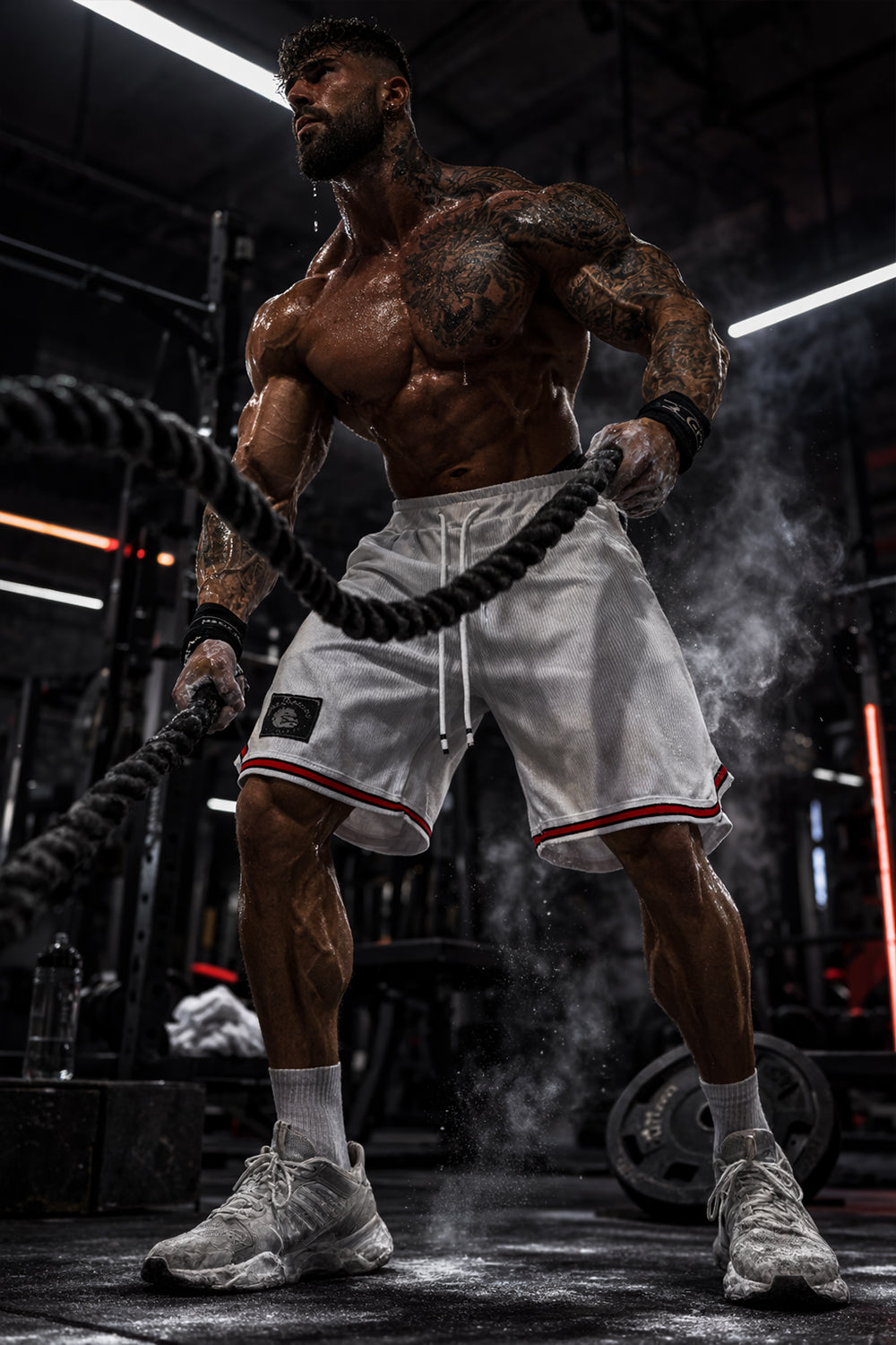 Men's white basketball shorts Thefreeway Sportswear art. 1503 worn by a bodybuilder training in the gym
