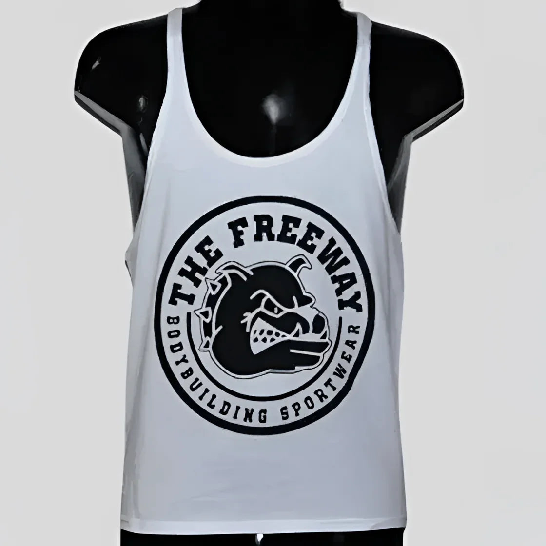 Men's white bodybuilding stringer tank top Thefreeway Sportswear art. 2221 with large front logo