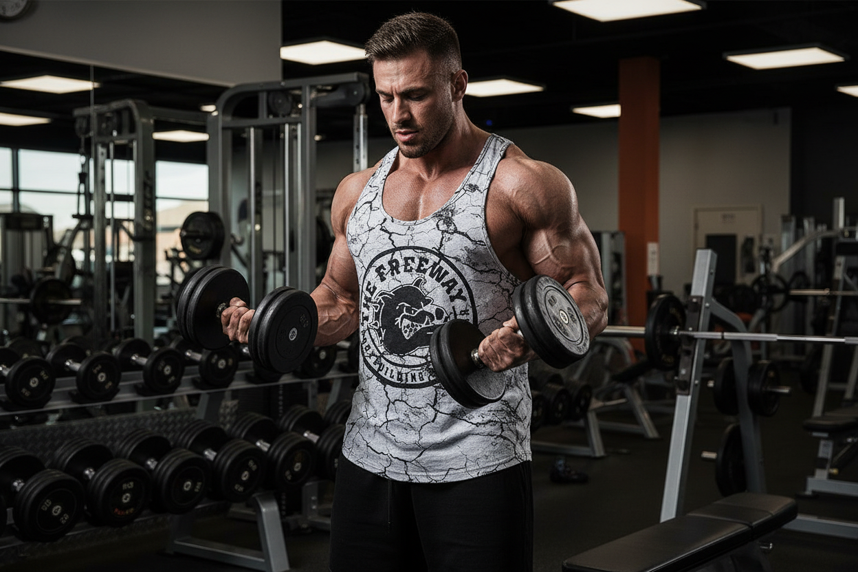 Men's white marbled bodybuilding stringer tank top Thefreeway Sportswear art. 2221 worn by a bodybuilder during a dumbbell workout