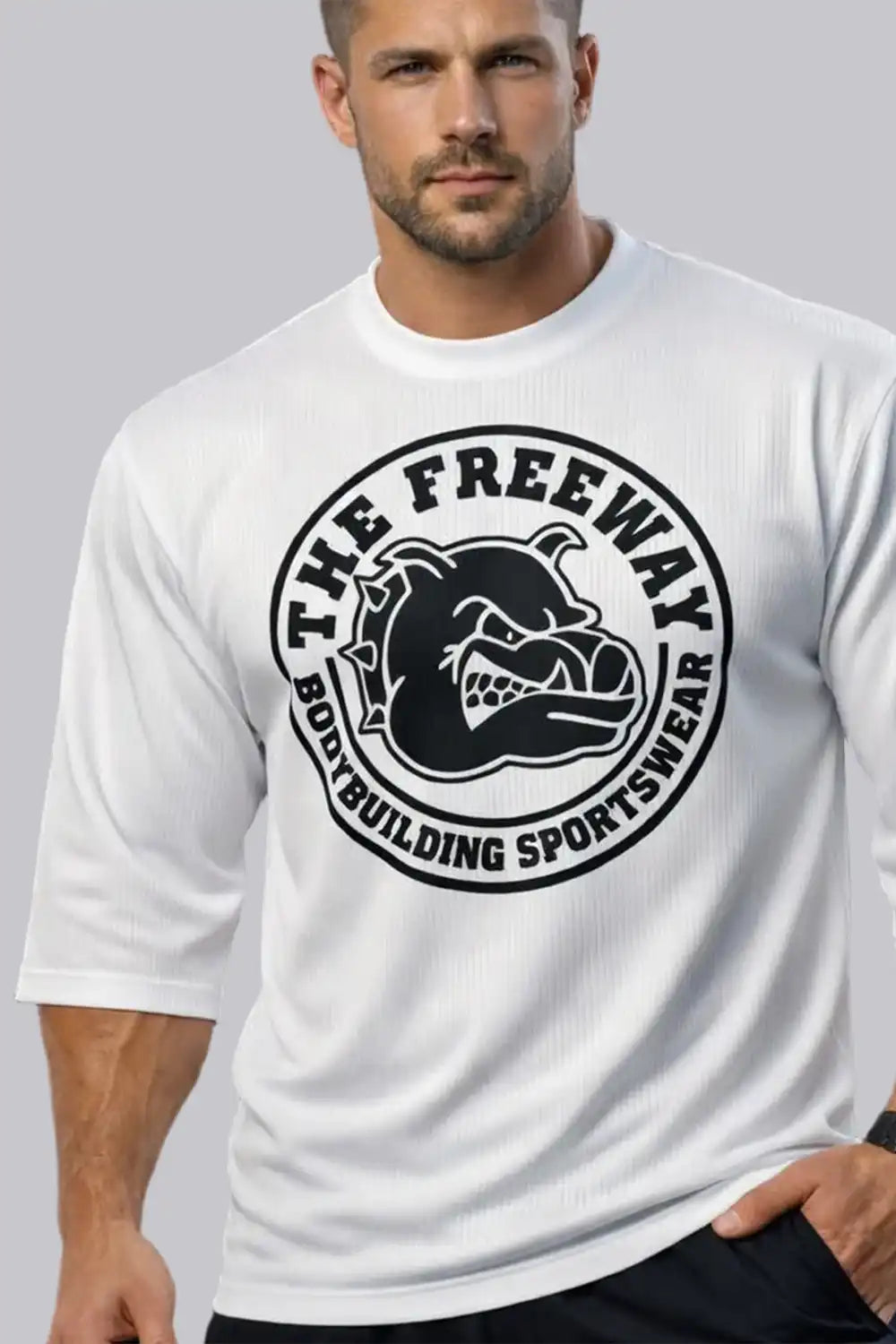 Men's white rounded bodybuilding rag top Thefreeway Sportswear art. 2272 worn by a male model, front close-up with large black logo
