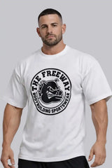 Men's white rounded bodybuilding rag top Thefreeway Sportswear art. 2272 worn by a male model, front view