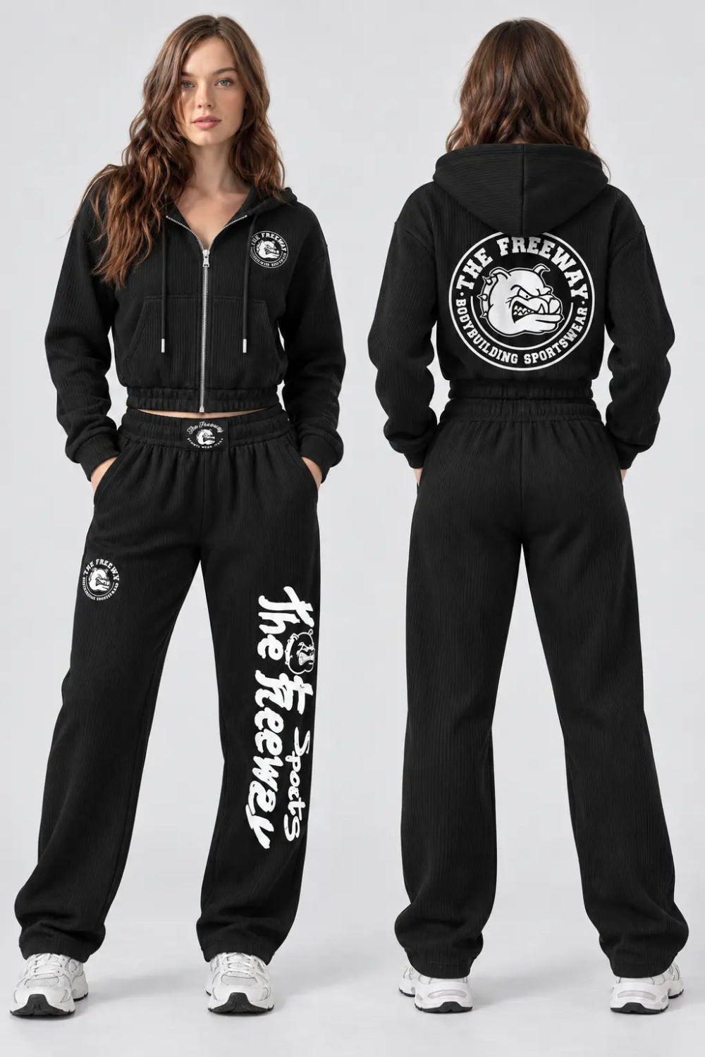 Thefreeway women's black training suit with cropped zip hoodie and matching pants, front and back view