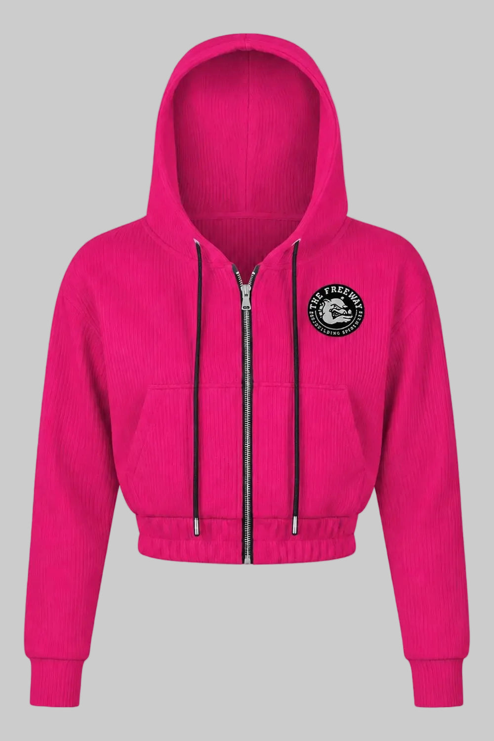 Thefreeway women's fuchsia cropped zip hoodie with hood, front pockets and chest logo, Art. 7870