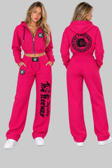 Thefreeway women's fuchsia training suit with cropped zip hoodie and loose-fit pants, front and back view