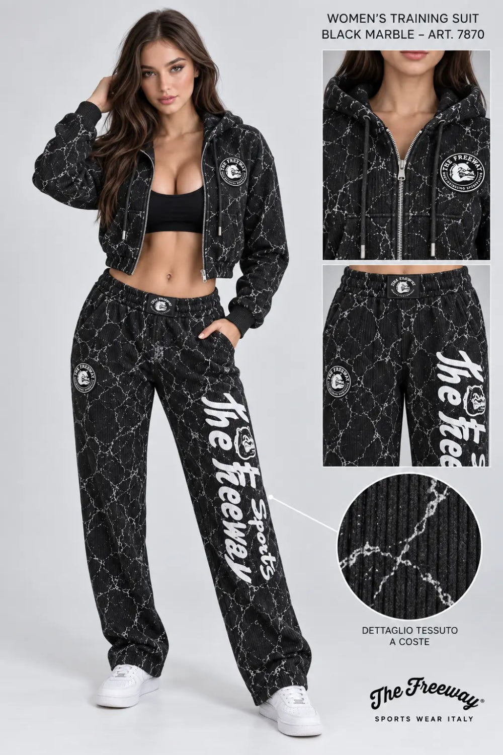 Thefreeway women's black marble training suit with cropped jacket and wide-leg pants, fitness outfit. Front view