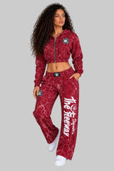 Thefreeway women's Bordeaux marble training suit with cropped zip hoodie and wide-leg pants, Art. 7870