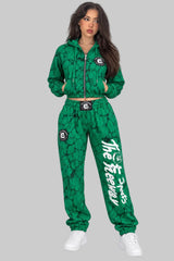 Thefreeway women's green marble training suit with cropped zip hoodie and matching pants, front view, Art. 7870