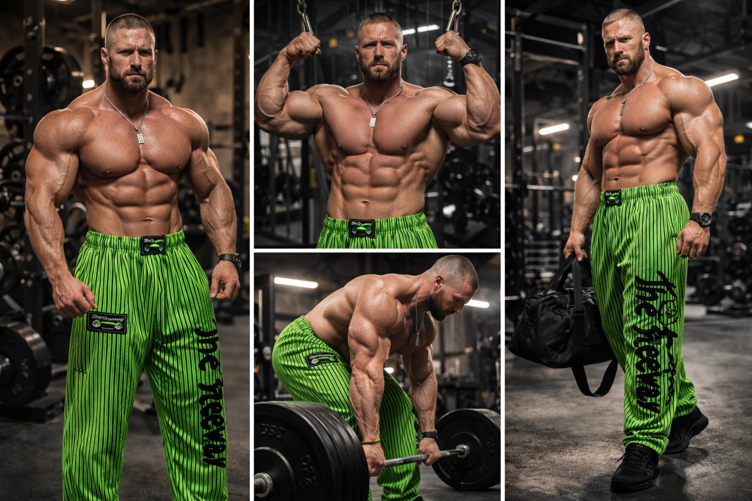 Thefreeway Art.253 unisex bodybuilding training pants in fluo green and black stripes worn during bodybuilding training in the gym