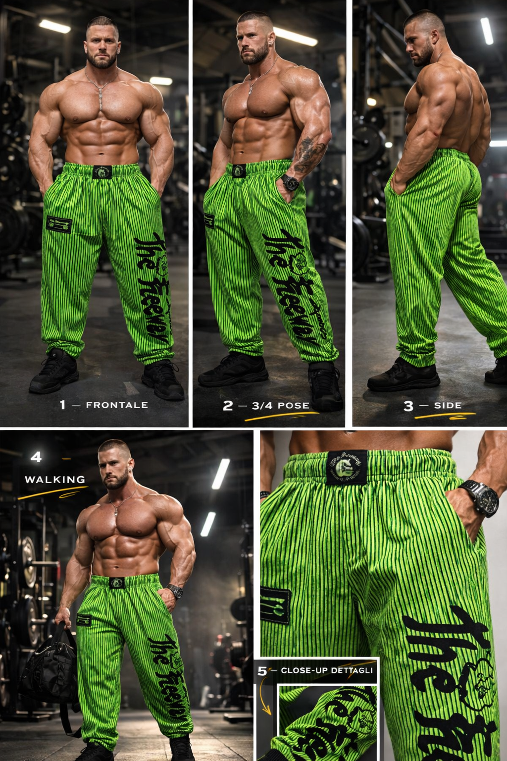 Thefreeway Art.253 unisex bodybuilding training pants in fluo green and black stripes shown in front, side and detail views