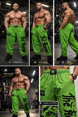 Thefreeway Art.253 unisex bodybuilding training pants in fluo green and black stripes shown in front, side and detail views